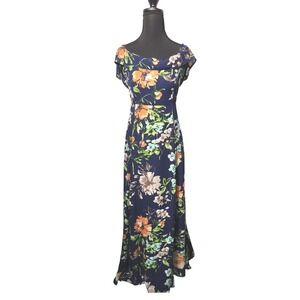 Chocolate Floral Maxi Dress  Blue Orange Flowers Ruffle Neckline Party Size S